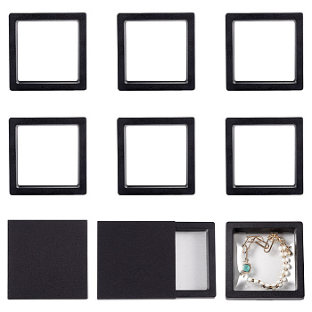 Square Transparent PE Thin Film Suspension Jewelry Floating Frame Displays, with Paper Outer Box, for Ring Necklace Bracelet Earring Storage, Black, 6.95x6.95x2cm, Inner Diameter: 5.75x5.75cm