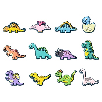 24Pcs 12 Styles Silicone Focal Beads, Dinosaur, Mixed Color, 19.5~30.5x27.5~36x8~8.5mm, Hole: 2~3mm, 2pcs/style