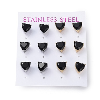 6 Pair 2 Color Heart Cubic Zirconia Stud Earrings, Golden & Stainless Steel Color 304 Stainless Steel Earrings, Black, 9x9mm, 3 Pair/color