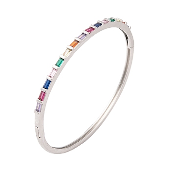 Brass Pave Colorful Glass Hinged Bangles for Women, Platinum, Rectangle, Inner Diameter: 2-1/4 inch(5.7cm), 3mm