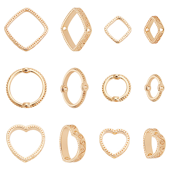 12Pcs 6 Style Brass Bead Frames, Heart/Rombus/Ring, Real 18K Gold Plated, 8.5~15x2~2.5mm, Hole: 0.8~1.2mm, 2pcs/style