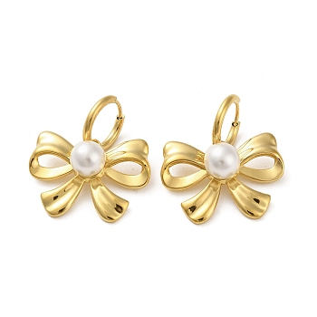 Stainless Steel Shell Pearl Earrings, Bowknot, Real 18K Gold Plated, 31x28mm