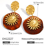 Resin Dangle Stud Earrings, Flat Round with Sun, Real 18K Gold Plated, Saddle Brown, 52.7x32.1mm(WG0BA8B-01)