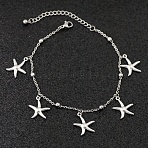 Bohemia Style Ocean Theme 304 Stainless Steel Anklets, Stainless Steel Color, Starfish, 7-7/8 inch(200mm)(WG73A42-08)