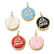 Brass Enamel Pendants, Nickel Free, Real 16K Gold Plated, with Jump Rings, Bottle Cap with Word Be Free, Mixed Color, 17x15x2mm, Jump Ring: 5x0.9mm, Inner Diameter: 3.2mm(KK-Q769-012-NF)