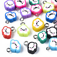 Handmade Polymer Clay Charms, with Platinum Plated Iron Loop, Cloud with Smile, Mixed Color, 11~14x9~11.5x4mm, Hole: 1.8mm(CLAY-SZ0001-93)