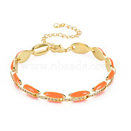 Brass Micro Pave Cubic Zirconia Link Chain Bracelet for Women, Enamel Oval Bracelets, Nickel Free, Real 18K Gold Plated, Dark Orange, 6-7/8 inch(17.5cm), 7mm(BJEW-T020-05G-03)