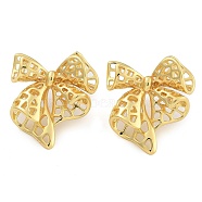 Brass Bowknot Stud Earrings, Real 18K Gold Plated, 28x26mm(EJEW-K293-02G)