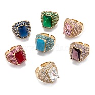 Brass Micro Pave Cubic Zirconia Cuff Rings, Open Rings, Long-Lasting Plated, Rectangle, Golden, Mixed Color, US Size 6 3/4, 3.5~19.5mm, Inner Diameter: 17.1mm, Rectangle: 14.5x10.5mm.(RJEW-I077-11G)