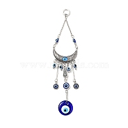 Crescent Moon Pendant Decorations, Handmade Lampwork & Alloy & Resin Evil Eye Car Hanging Ornaments, Antique Silver, 227mm, Hole: 10.5mm(HJEW-H058-08)
