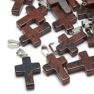 Natural Mahogany Obsidian Pendants, with Stainless Steel Snap On Bails, Cross, 29~30x18~19x5~6mm, Hole: 6x4mm(X-G-T080-09)
