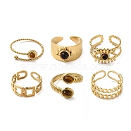 6Pcs 6 Style Rectangle & Horse Eye & Half Round 304 Stainless Steel Open Cuff Rings Set, Natural Tiger Eye Stackable Rings, Real 18K Gold Plated, Inner Diameter: 17~19mm, 1Pc/style(RJEW-P092-03G-M)