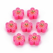 Handmade Polymer Clay Beads, Flower with Smiling Face, Deep Pink, 9~10x4mm, Hole: 1.5mm(CLAY-S096-011A)