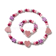 Maple Wood & Acrylic Jewelry Set, Beaded Necklace & Stretch Bracelet for Kids, Heart, Bracelet: Inner Diameter: 1-1/2 inch(3.8cm), Necklace: 15-7/8 inch(40.4cm) (SJEW-C003-02Q)