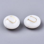 Natural Freshwater Shell Beads, with Golden Plated Brass Etched Metal Embellishments, Flat Round, Seashell Color, Letter.U, 8x3~5mm, Hole: 0.5~07mm(SHEL-S266-12U)