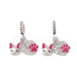 Rack Plating Alloy Crystal Rhinestone European Dangle Charms, Dog & Heart Large Hole Pendants with Cerise Enamel, Platinum, 28mm, Hole: 5mm(X-FIND-C055-28P)