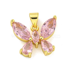 Real 18K Gold Plated Brass with Glass
 Pendants, Butterfly, Pink, 15.5x18x4.5mm, Hole: 4x3.5mm(KK-R159-09B-G)