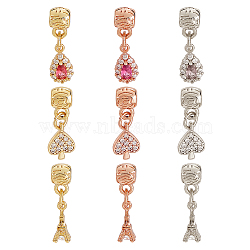 9Pcs 9 Style Rack Plating Brass Micro Pave Clear Cubic Zirconia Pendants, Long-Lasting Plated, Cadmium Free & Lead Free, Tower & Heart & Teardrop, Mixed Color, 21~22mm, Hole: 2.5mm, 1pc/style(ZIRC-OC0001-03)