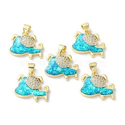 Rack Plating Brass Micro Pave Cubic Zirconia Pendants, Synthetic Opal Dog Charms with Snap on Bail, Cadmium Free & Lead Free, Long-Lasting Plated, Real 18K Gold Plated, Cyan, 17x17.5x3.5mm, Hole: 5x3.2mm(KK-C041-14G)