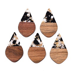 Transparent Resin and Walnut Wood Pendants, Teardrop Charms with Gold Foil, Black, 48.5x28x3.5mm, Hole: 2mm(RESI-T057-06A)