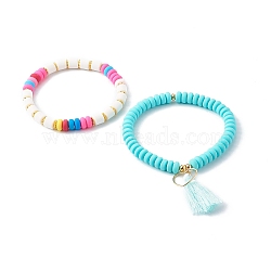 Handmade Polymer Clay Beads Stretch Bracelets Sets, with Brass Beads & Pendants, with Tassels, Heart, Turquoise, Inner Diameter: 2~2-1/8 inch(5.2~5..5cm), 2pcs/set(BJEW-JB06427-01)