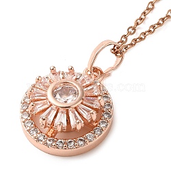 Brass Pave Clear Glass Flower Pendant Necklaces, 304 Stainless Steel Cable Chain Necklaces, Rose Gold, 15.94 inch(40.5cm)(NJEW-M080-07A)