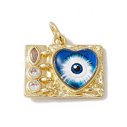 Brass Micro Pave Clear Cubic Zirconia Pendants, Rectangle with Heart Charm, with Eye Resin and Jump Rings, Lead Free & Cadmium Free, Real 18K Gold Plated, Royal Blue, 16x18.5x4.5mm, Hole: 4mm(KK-I692-05G-03)