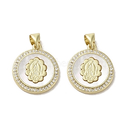 Brass Micro Pave Clear Cubic Zirconia Pendants, with Shell, Real 18K Gold Plated, Human, Flat Round, 18.5x16x2.5mm, Hole: 3.5x4mm(KK-I708-03C-G)