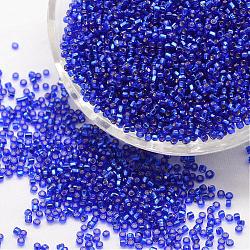 6/0 Round Glass Seed Beads, Silver Lined Square Hole, Transparent Colours, Blue, 3.6~4.0mm, Hole: 1.2mm, about 5000pcs/pound(SEED-J018-F6-68)