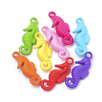 Opaque Acrylic Pendants, Sea Horse, Mixed Color, 32x13x6.5mm, Hole: 3mm, about 600pcs/500g