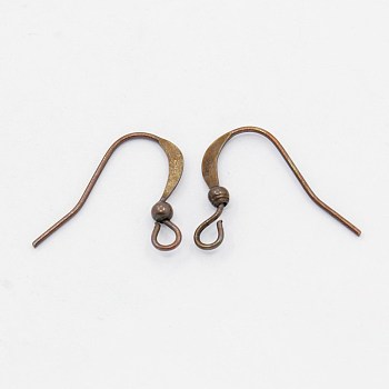 Brass French Earring Hooks, Flat Earring Hooks Ear Wire Hook, Nickel Free, with Beads and Horizontal Loop, Red Copper, 15mm, Hole: 2mm, Pin: 0.7mm