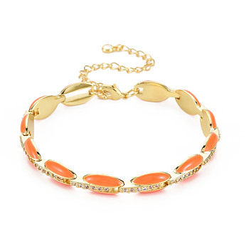 Brass Micro Pave Cubic Zirconia Link Chain Bracelet for Women, Enamel Oval Bracelets, Nickel Free, Real 18K Gold Plated, Dark Orange, 6-7/8 inch(17.5cm), 7mm