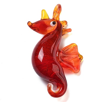 Handmade Lampwork Pendants, Sea Horse, FireBrick, 43x26x21.5mm, Hole: 4x3mm