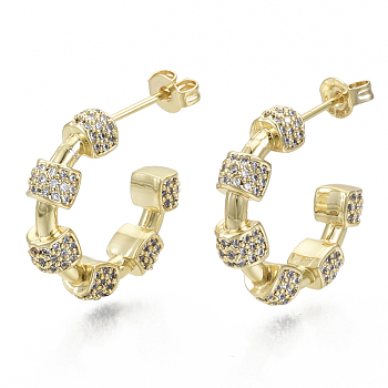 Brass Micro Pave Cubic Zirconia Stud Earrings, Half Hoop Earrings, Nickel Free, Real 16K Gold Plated, Clear, 21x25mm, Pin: 1mm