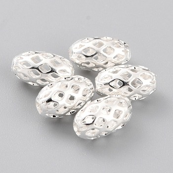 Brass Beads, Long-Lasting Plated, Hollow Out, Rice, 925 Sterling Silver Plated, 8x4.5mm, Hole: 1.4mm