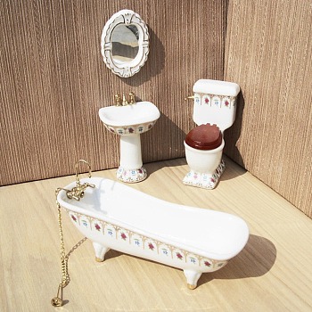 Mini Porcelain Bathroom Toilet Basin Bathtub Mirror Set,  Miniature Landscape Bathroom Model Dollhouse Accessories Decorations, White, 42~52x118x62~88mm, 4pcs/set