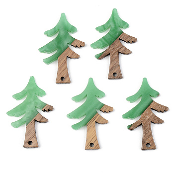 Opaque Resin & Walnut Wood Pendants, Christmas Tree, Green, 38x24.5x3mm, Hole: 2mm