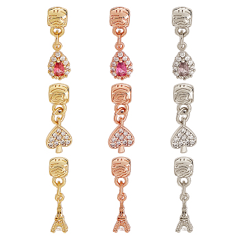 9Pcs 9 Style Rack Plating Brass Micro Pave Clear Cubic Zirconia Pendants, Long-Lasting Plated, Cadmium Free & Lead Free, Tower & Heart & Teardrop, Mixed Color, 21~22mm, Hole: 2.5mm, 1pc/style