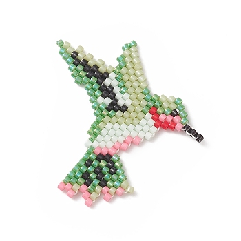 Handmade Loom Pattern MIYUKI Seed Beads, Woodpecker Pendants, Green, 37x37x1.4mm