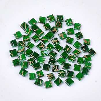 2-Hole Glass Seed Beads, Antique Style, Rectangle, Green, 5x4.5~5.5x2~2.5mm, Hole: 0.5~0.8mm