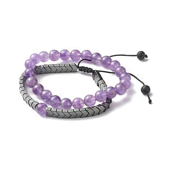 Reiki Crystal Natural Amethyst Beads Stretch Bracelets Set for Girl Women, Arrows Non-magnetic Synthetic Hematite & Natural Lava Rock Braided Bead Bracelets, Inner Diameter: 2-3/8~3-5/8 inch(6~9.2cm), 2pcs/set