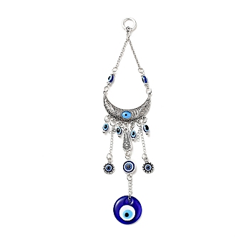 Crescent Moon Pendant Decorations, Handmade Lampwork & Alloy & Resin Evil Eye Car Hanging Ornaments, Antique Silver, 227mm, Hole: 10.5mm