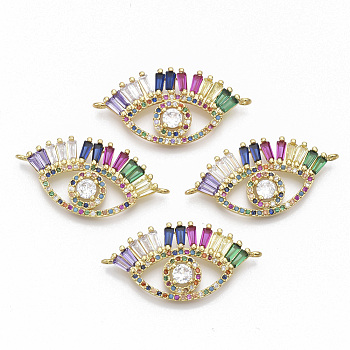 Brass Micro Pave Cubic Zirconia Links connectors, Eye, Colorful, Golden, 16.5x33x3.5mm, Hole: 1.2mm
