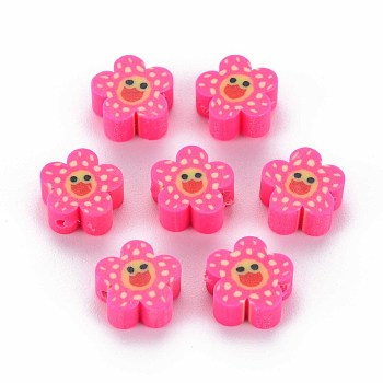 Handmade Polymer Clay Beads, Flower with Smiling Face, Deep Pink, 9~10x4mm, Hole: 1.5mm