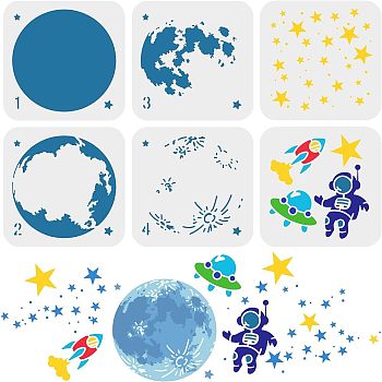 6Pcs 6 Styles Plastic Painting Stencils Sets, Reusable Drawing Stencils, for Painting on Scrapbook Fabric Tiles Floor Furniture Wood, White, Universe Themed Pattern, 15x15cm, 1pc/style