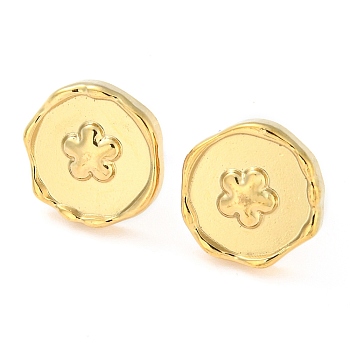 304 Stainless Steel Stud Earrings, Flat Round with Flower, Real 18K Gold Plated, 12.5x13mm