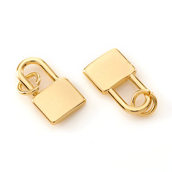 Brass Charms, with Jump Rings, Lock, Real 18K Gold Plated, 14x8x2mm, Hole: 3mm