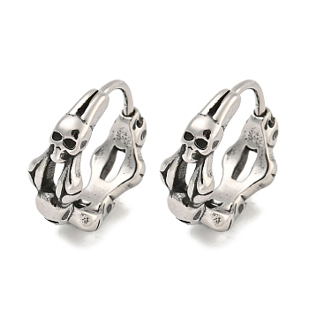 316 Surgical Stainless Steel Hoop Earrings, Skull, Antique Silver, 15x3.5mm