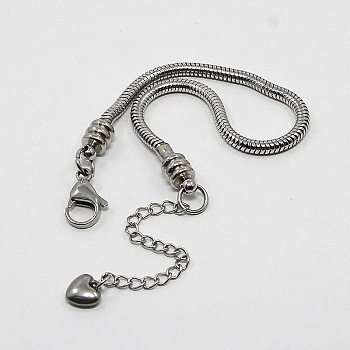 Tarnish Resistant 304 Stainless Steel European Round Snake Chains Bracelets, with Lobster Claw Clasp and Heart Charms, Stainless Steel Color, 170x3mm