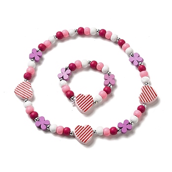 Maple Wood & Acrylic Jewelry Set, Beaded Necklace & Stretch Bracelet for Kids, Heart, Bracelet: Inner Diameter: 1-1/2 inch(3.8cm), Necklace: 15-7/8 inch(40.4cm) 